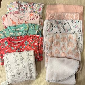 10 pc Set, pajamas, burp clothes, receiving blanket, changing pad